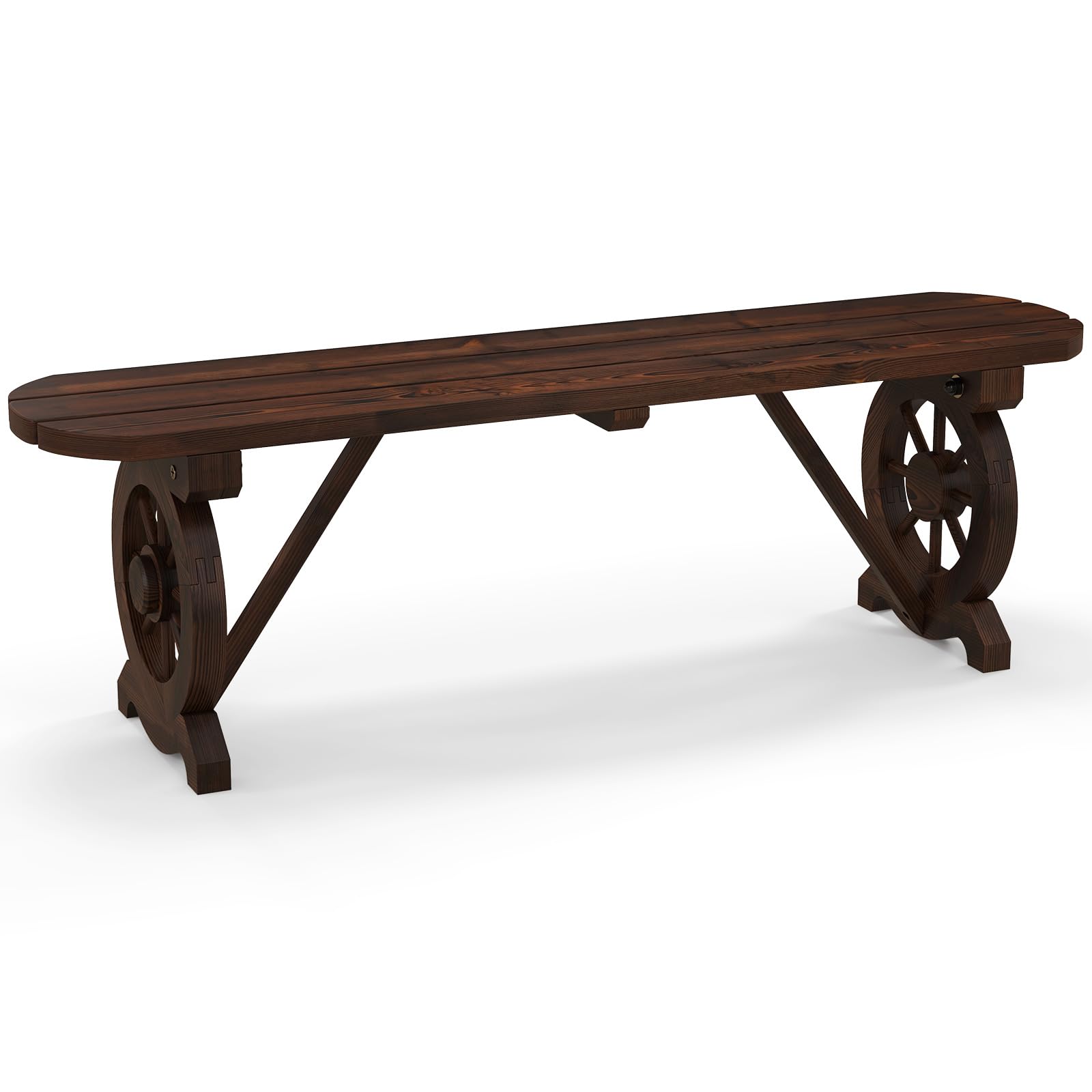 Banc en bois rustique Tangkula pour patio, banc long en bois carbonisé avec base en roue de chariot, siège à lattes